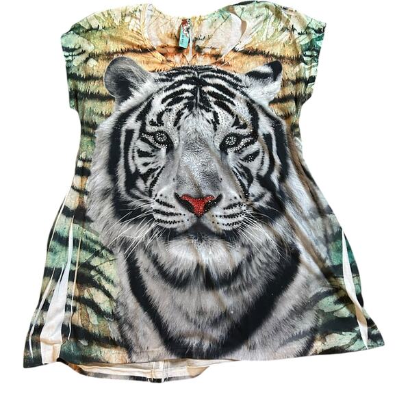 Y2K White Stripe Tiger Tee Womens Small Sequins Lightweight Glam Casual Shirt - Picture 1 of 5